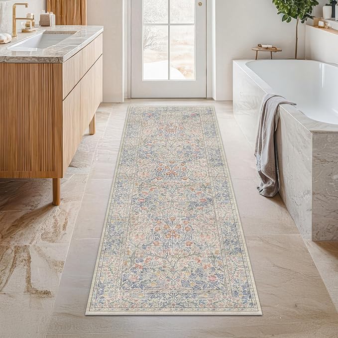 Beige Blue Washable 2x8 Runner Rug for Bathroom, Hallway, Kitchen, Non-Slip & Stain Resistant 8ft Long Entryway Floor Rug, Retro Boho Floral Décor