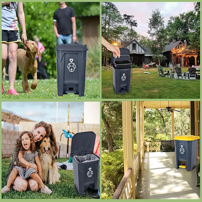 Outdoors Dog Poop Trash Can with Lid & 290PCS Waste Bags, Cute Dog Waste Trash Can for Dog Poop, Yard, Home, Garden, Kitchen, 15 Litre Grey Step with Removable Inner Bin, AG