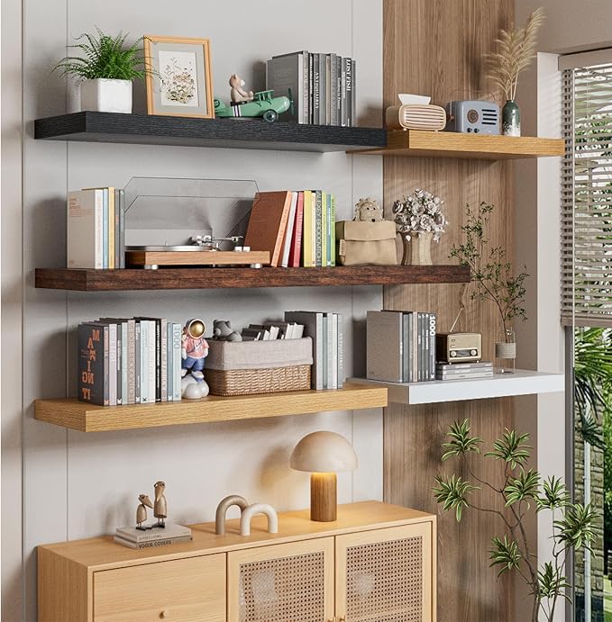 Heimlove 12" Deep Floating Shelves for Wall, 24 Inch Shelf Bathroom Shelves Set of 2, Mounted Shelves for Books Living Room Laundry Room Bedroom Kitchen Home Office, Oak