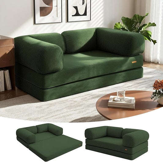 COMAX 4‑in‑1 Futon Sofa Bed Queen – Floor Foldable Convertible Sofa Couch with L‑Shaped Armrests, Removable Cover, Green Convertible Guest Bed | Space‑Saving Fold‑Out Mattress Lounge for Living Room