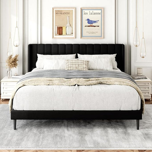 King Size Bed Frame with Wingback Headboard, Upholstered Platform Bed, No Box Spring Needed, Sturdy Wooden Slat Support, Easy Assembly, Black