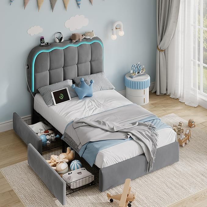 Twin Bed Frame with Storage Drawers and Headborad, Upholstered LED Twin Size Platform Bed Frame for Kids – Sturdy Metal Bed Frame Twin with Wood Slats Support, No Box Spring Needed,Grey