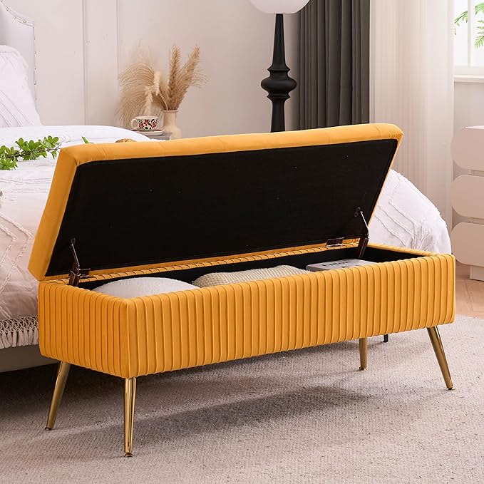Velvet Storage Bench for Bedroom, Rectangle Upholstered End of Bed Bench Modern Tufted Ottoman with Gold Legs for Living Room/Window/Entryway (Mustard Yellow-45.5" W)