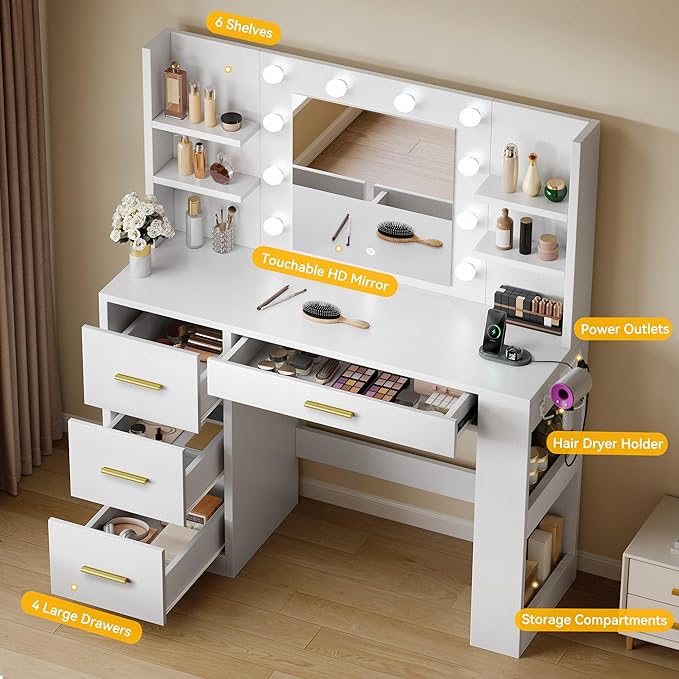 DWVO Vanity Desk with Mirror, Power Outlet and 10 Lights, 40" Big Vanity Makeup Table with 4 Drawers and 8 Open Storage Shelves, 3 Color Modes Adjustable Brightness for Bedroom, White