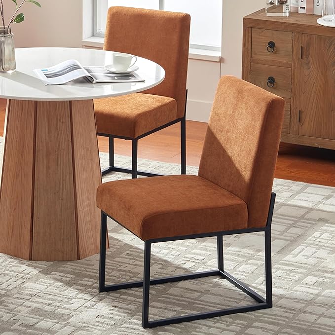 VKNOW Upholstered Dining Chairs Set of 2, Modern Dining Room Chairs, Linen Kitchen Chair Dinner Chair with Black Metal Base for Kitchen Office, Orange-Unstriped