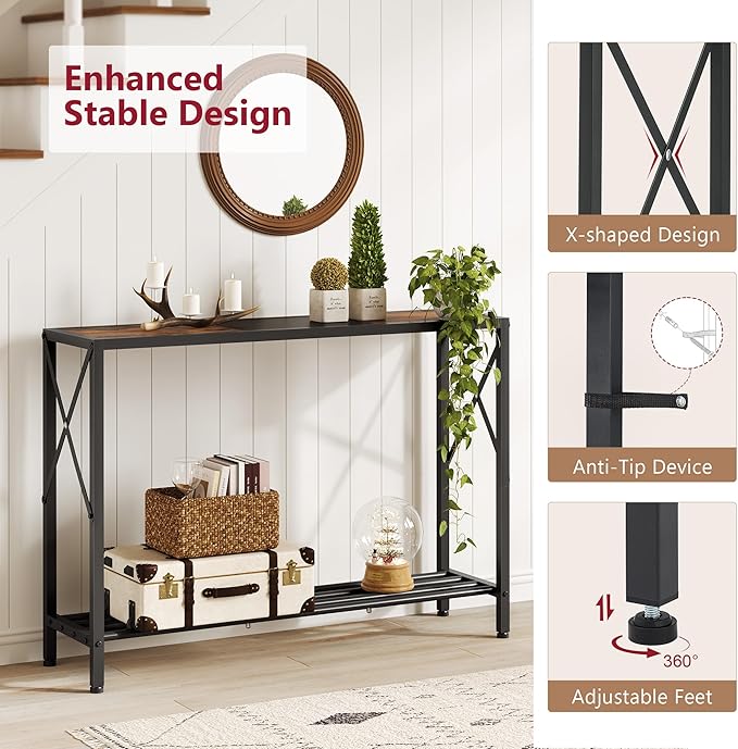 Tajsoon Console Table 41.8”, 2-Tier Industrial Entryway Table, Narrow Entrance Sofa Table with Shelves, Hallway, Living Room, Foyer, Corridor, Office, Rustic Brown and Black