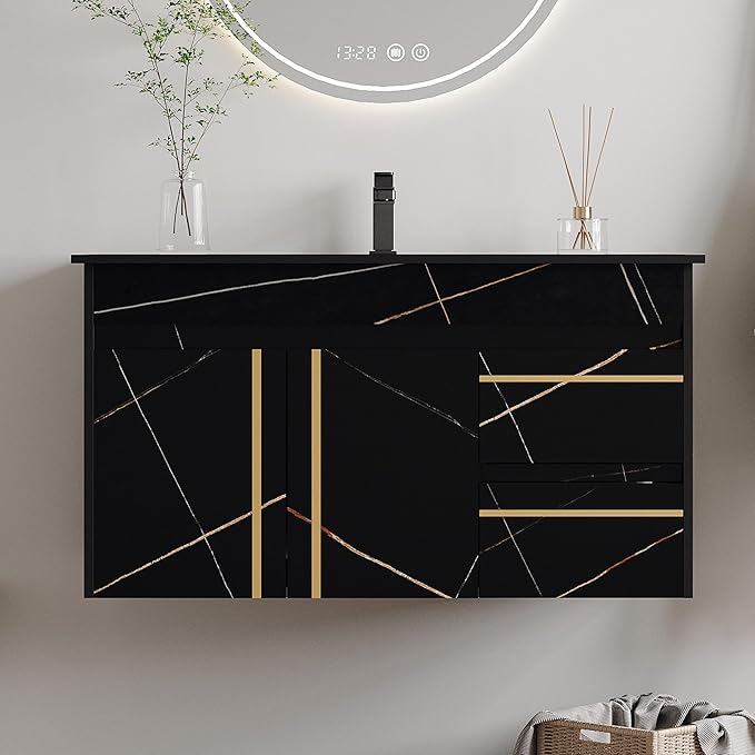 Goujxcy 35.4" Wall Mounted Bathroom Vanity with Sink, Modern Floating Bathroom Cabinet with Ceramic Sink & 2 Drawers, Wood Hanging Bath Room Cabinet with Soft-Close System (Black)