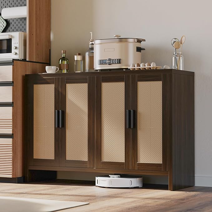 Mericonia Rattan Buffet Cabinet with Storage, Sideboard Cabinet with Doors and Adjustable Shelves, Farmhouse Coffee Bar Station Table, Modern Wood Cupboard for Kitchen, Livingroom, Walnut