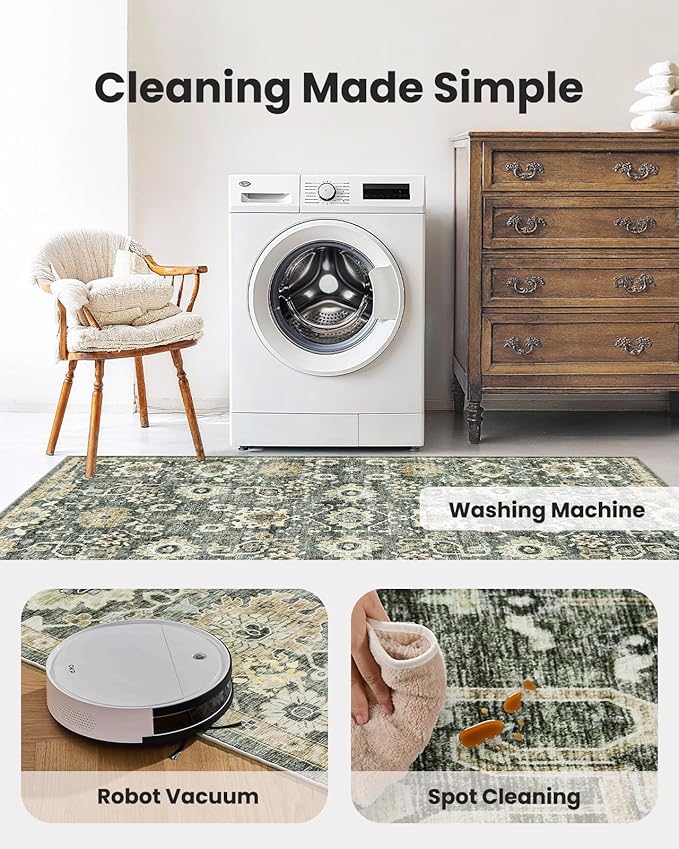 AMADA HOMEFURNISHING 8x10 Washable Area Rug, Low-Profile Large Area Rug with Non-Slip Backing & Durable Edge Binding, Vintage Large Rugs for Living Room, Bedroom, Dinning Room