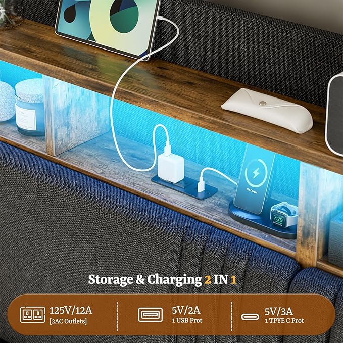 IKIFLY 49.2" Tall Twin XL Bed Frames with 4 Storage Drawers, Upholstered Wingback Hidden Storage Headboard with LED Lights & Charging Station, Solid Wood Slats, No Box Spring Needed, Black