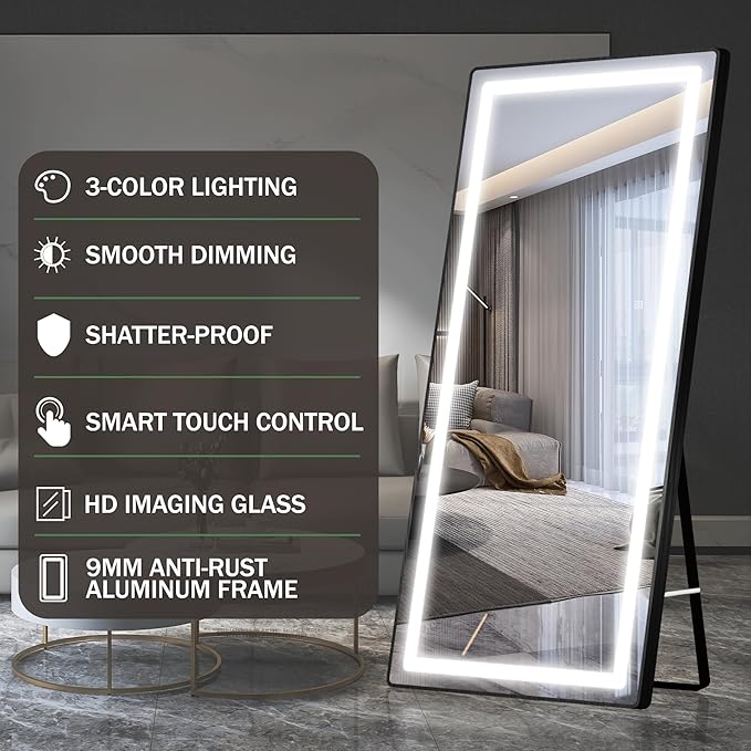 FENNIO Full Length Mirror with Lights, 71"x32" LED Full Body, Free Standing Lighted Floor Mirror, Wall Mounted Hanging Mirror for Bedroom, Salon, 3-Color Lighting [Tempered Glass]