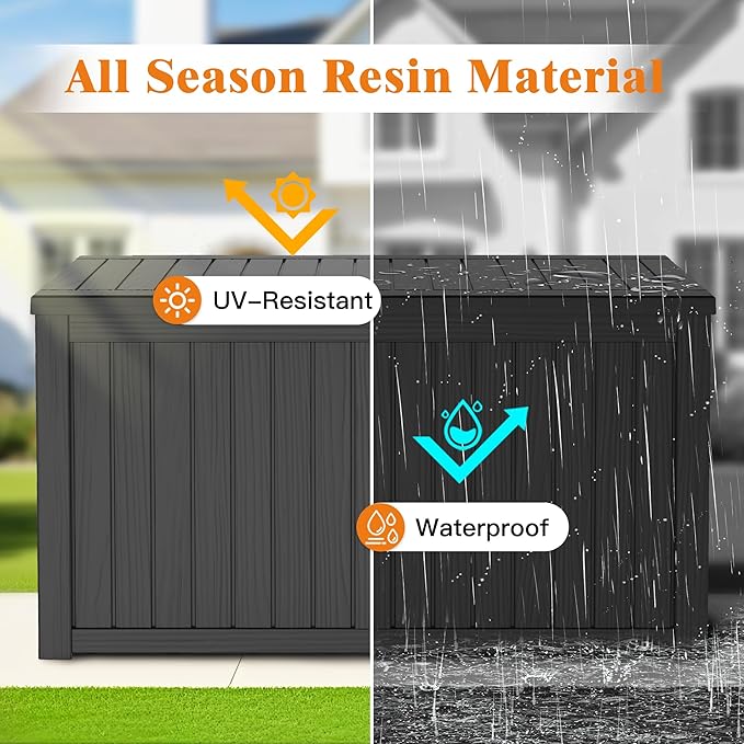 180 Gallon Outdoor Storage Box, Waterproof Deck Box with Handles and Lockable Lid, Resin Patio Storage Box with Hydraulic Rods for Garden Tools, Cushions, Black