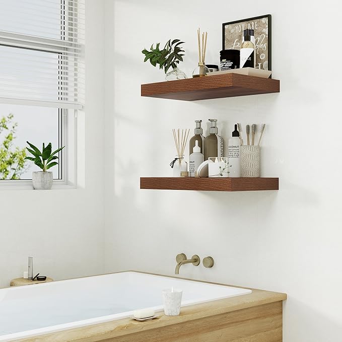 Heimlove 12" Deep Floating Shelves for Wall, 24 Inch Shelf Bathroom Shelves Set of 1, Mounted Shelves for Books Living Room Laundry Room Bedroom Kitchen Home Office, Walnut