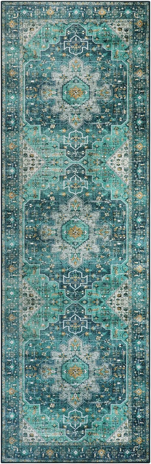 Moynesa Ultra-Thin Washable Runner Rug - 2x7 Teal Hallway Rug Runner Kitchen Carpet Runner, Non Skid Non Shedding Low Pile Bathroom Mat for Apartment Entryway Foyer Vanity RV