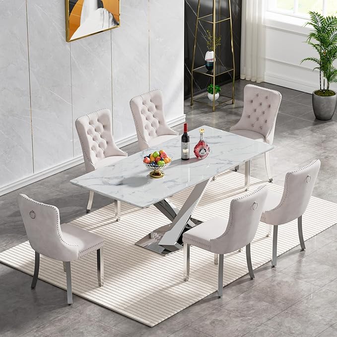 Goujxcy 70" Faux Marble Dining Table Set for 6, 7-Piece Dining Set with White Silver Kitchen Table and 6 Velvet Tufted Chairs, Modern Rectangular Dining Room Table with X-Shape Stainless Steel Base