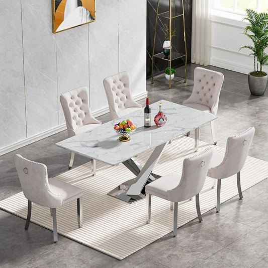 Goujxcy 70" Faux Marble Dining Table Set for 6, 7-Piece Dining Set with White Silver Kitchen Table and 6 Velvet Tufted Chairs, Modern Rectangular Dining Room Table with X-Shape Stainless Steel Base