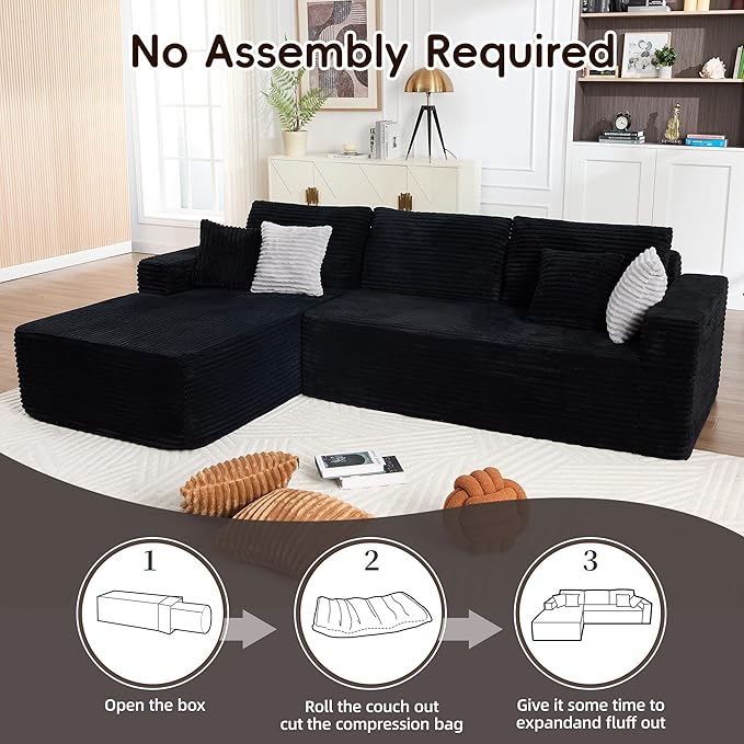 108" Boneless Couches for Living Room, Modular Sectional Sofa with Oversized Chaise, L-Shape Cloud Couch with Deep Seat, High-Density Memory Foam, No Assembly Required, Plush Corduroy Black