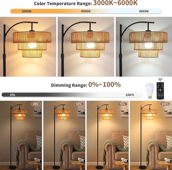 Boho Floor Lamp for Living Room Bedroom with Remote,Arc Farmhouse Floor Lamps with 3 Color Temperature,Rustic Standing Lamp with 3-Tier Rattan Wicker Shades,Adjustable Tall Lamp for Office,Corner