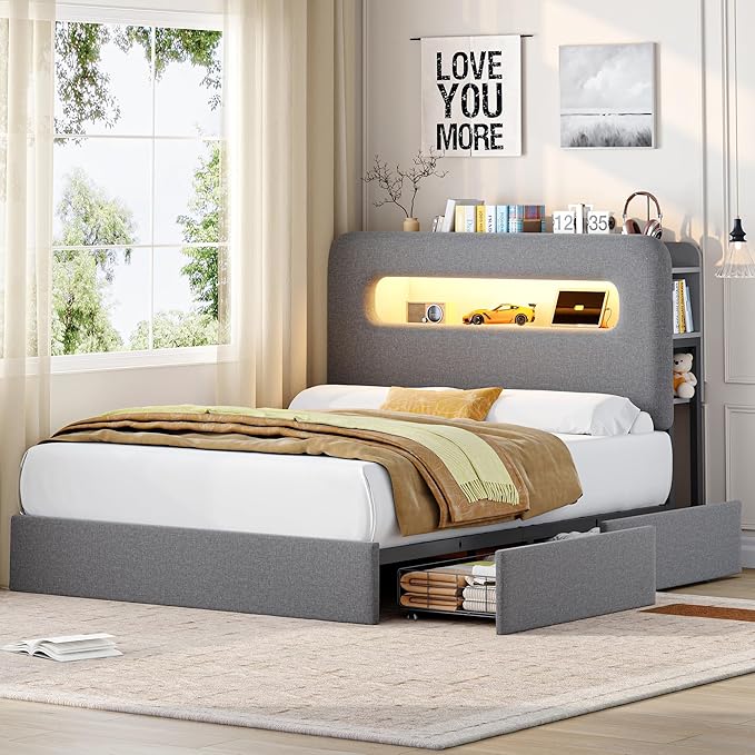 HOSTACK Queen LED Bed Frame with Storage Headboard and Charging Station, Boys Bed Frame with 2 Drawers and USB Ports, Velvet Upholstered Platform Bed Frame with Bookcase, No Box Spring Needed, Grey