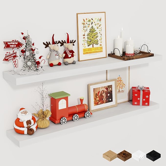 Fun Memories Floating Shelves for Wall, 40 Inch Floating Shelves for Home Decor, Wall Mounted Rustic Wood Shelves, Bathroom, Hanging Deep Shelf for Bedroom, Living Room, Kitchen (White, Set of 2)