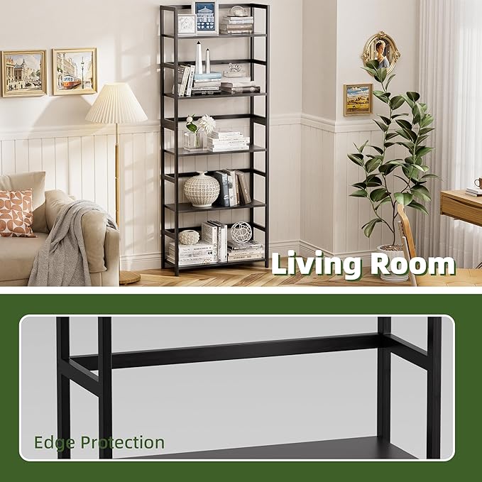 5-Tier Bamboo Wood Ladder Bookshelf, Tall Display Storage Shelf, Large Bookcase Modern Industrial Stand Organizer for Home, Office, Living Room, Kitchen, Bedroom, Black