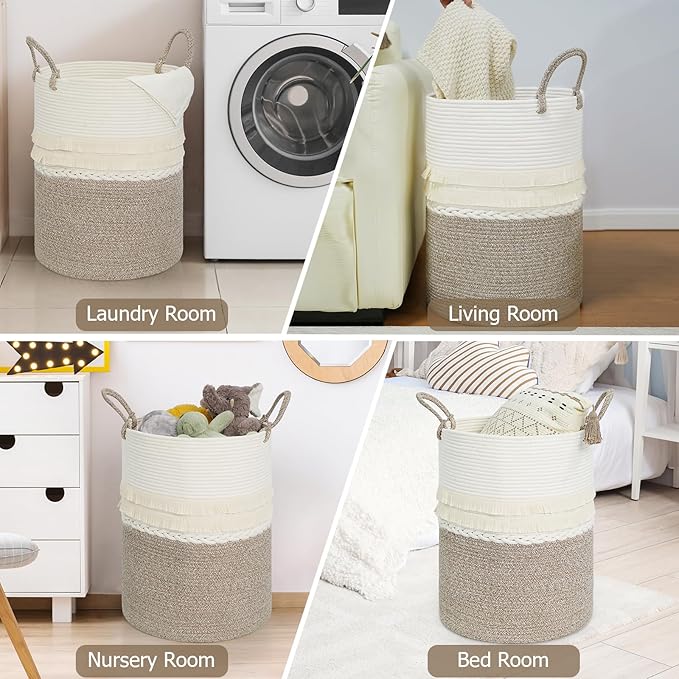 danpinera 79 L Large Laundry Basket, Tall Woven Cotton Storage Hamper with Handles, Dirty Clothes Hamper in Bathroom, Decorative Storage Basket for Living Room White & Brown
