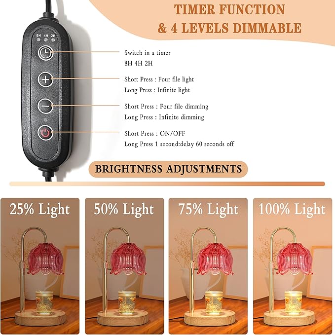 Candle Warmer lamp with Timer Dimmer,Electric Candle Warmer, Vintage Flower Lotus lamp,Compatible with Various Candles, Gifts for Mom Women,Candle Lamp for Bedroom Home Decor (Flower lamp-Red)