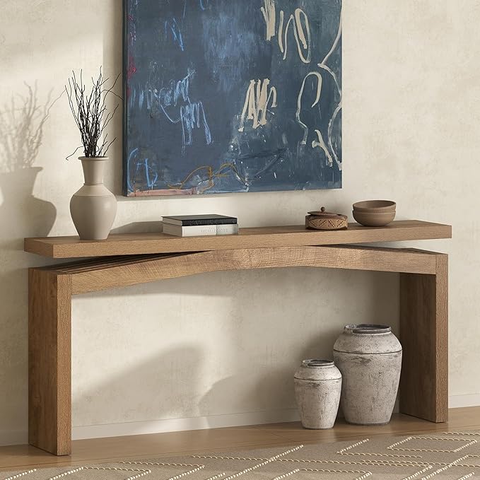 63-Inch Wood Console Table for Entryway Living Thin, Long Wooden Rectangular Sofa Tables Behind Couch, Large Farmhouse Foyer Hallway Table for Home, Living Room, Apartment, Natural Brown