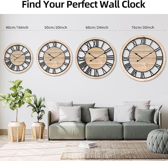 Maxstar 16'' Wall Clock for Living Room Decor, Ultra-Silent Rustic Wooden Farmhouse Wall Clock with Metal & Real Wood Frame, Battery Operated, for Kitchen Bedroom Office, Roman Numerals