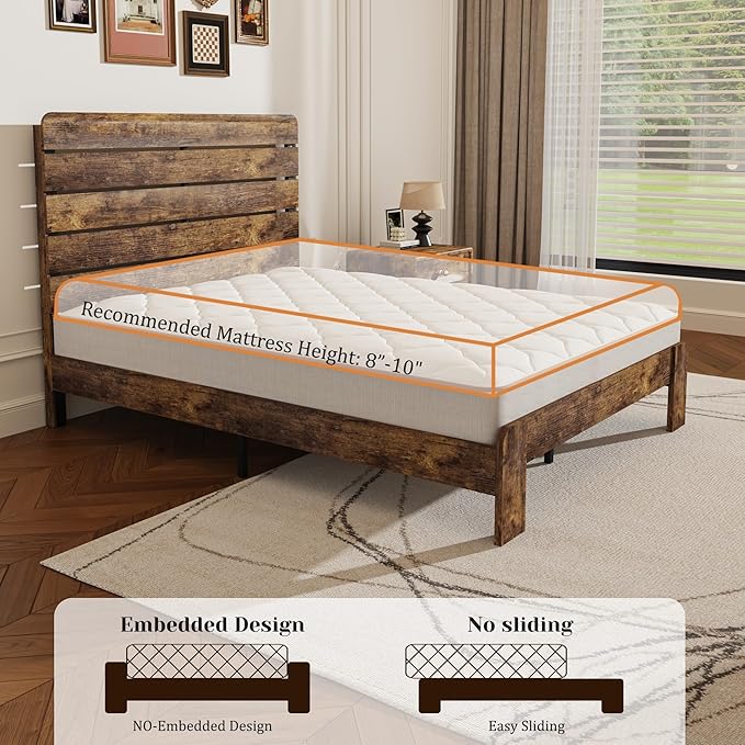Full Size Wooden Bed Frame with Headboard, Rustic Farmhouse Platform Bedframe with Wood Slat Support, Sturdy and No Noise, Easy Assembly (Brown, Full)