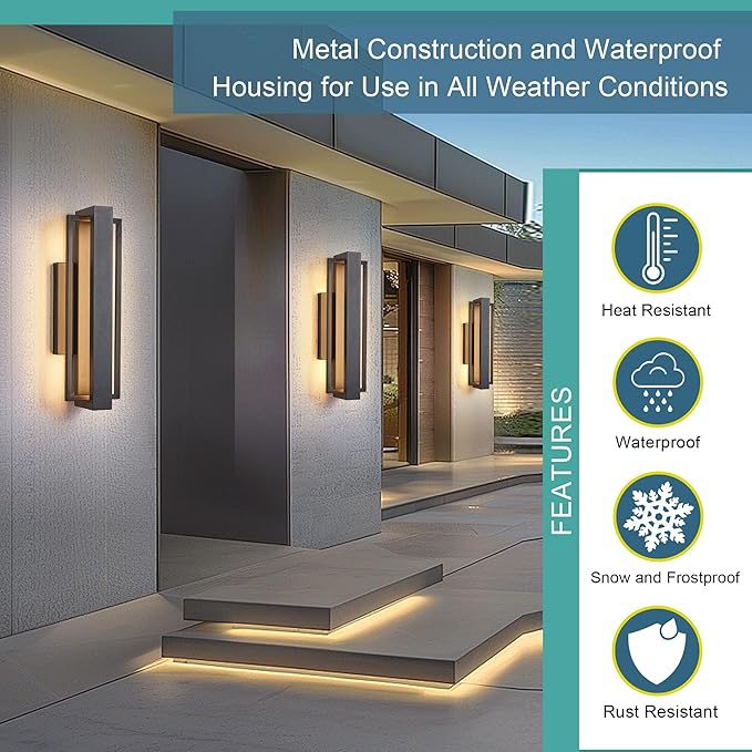 2 Pack Dimmable LED Wall Light, 110V, CRI 90+,IP65 Waterproof, 10%-100% Dimmable for Commercial Outdoor, 15 Inch Sleek Modern Porch Light for Patio, Front Door or Garage, 1500LM 3000K