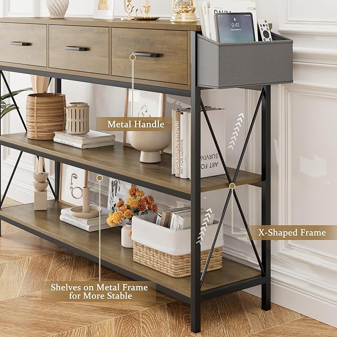 HITHOS 47.2" Console Table with 3 Drawers, Industrial Long Entryway Foyer Table with 3-Tier Storage Shelves, Narrow Sofa Hallway Table for Living Room, Entry Way, Kitchen, Rustic Brown