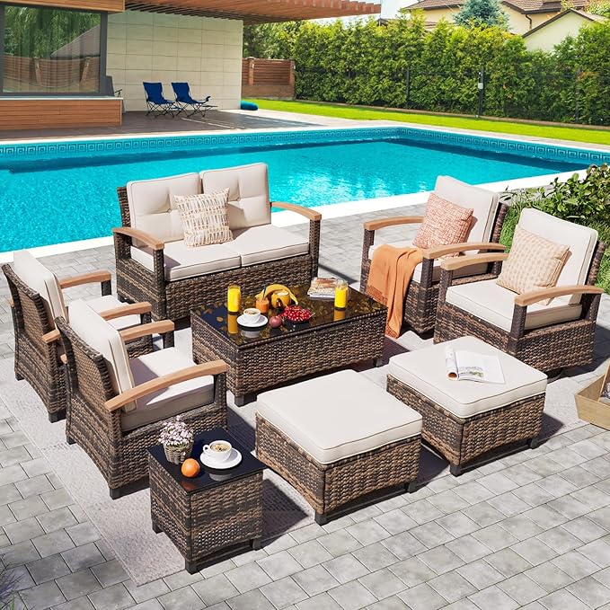 MEISSALIVVE 9 Pieces Outdoor Patio Furniture Sets,PE Wicker Patio Conversation Sets with 2 Wood Armrests Swivel Rocker Chairs,2 Single Chairs, 2-seat Sofa and Coffee Table(Brown)