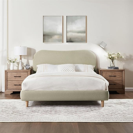 FlexiSpot Queen Size Linen Bed Frame, Upholstered Cloud Platform Bed with Adjustable Headboard, Plush Padding, Solid Wood Legs, Bonus LED Wall Light Included, No Box Spring Needed, Easy Assembly, Sage