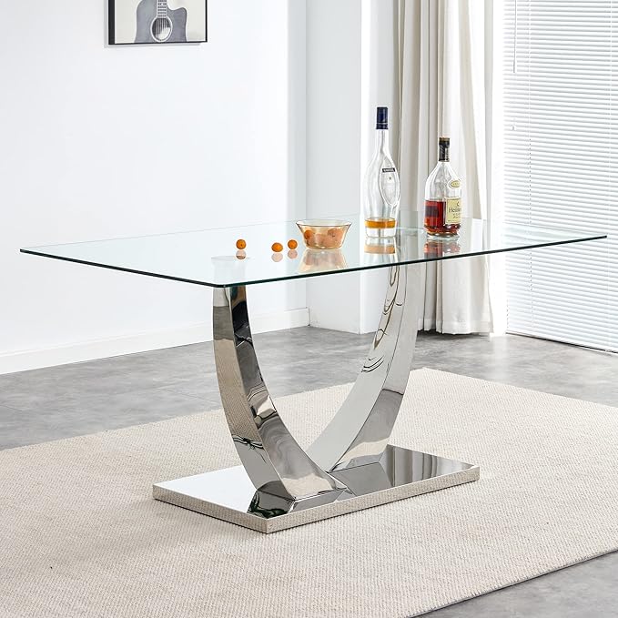 Modern Rectangular Glass Dining Table for 6-8 with Tempered Glass Tabletop and Silver Chrome Metal U-Shaped Pedestal for Kitchen Dining Living Meeting Room Banquet Hall (Silver7)
