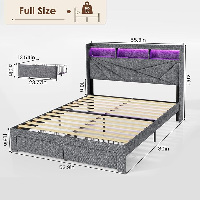 LED Full Size Bed Frame with 2 Storage Drawers, Upholstered Full Bed Frame with Headboard and Charging Station, No Box Spring Needed, Easy to Assembly-Light Grey