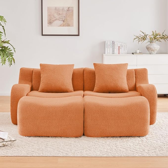 Orange Modular Cloud Couch Loveseat with 2 Ottomans, Modern Teddy Fabric Boneless Sectional Sofa in a Box for Living Room, Deep Seat Floor Couch, No Assembly Required, Sofas para Sala