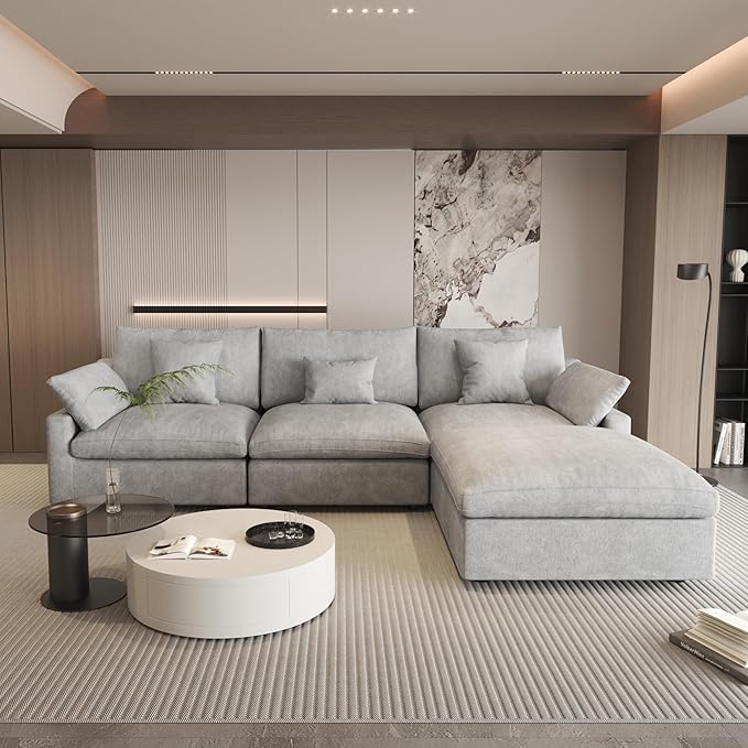 WJShome 120" Cloud Couch Sectional for Living Room, L Shape Down Filled Modular Sectional Sofa Couch,Convertible Couched with Ottoman, Sofa Covers Washable&Replaceable,Gray