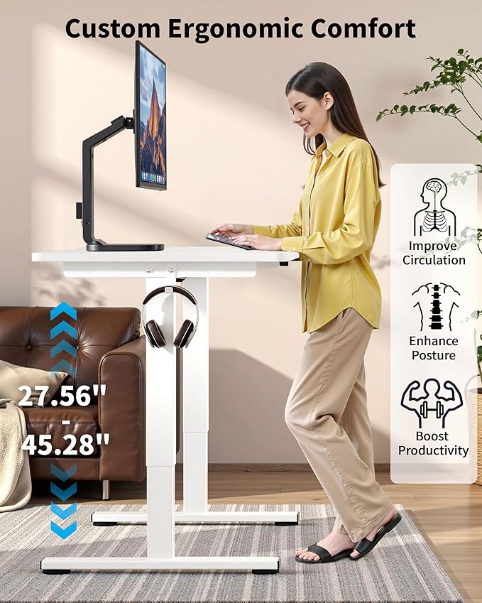 Okin Small Electric Standing Desk, 36" x 24" Whole Piece Height Adjustable Desk, White Sit to Stand Computer Workstation for Home Office