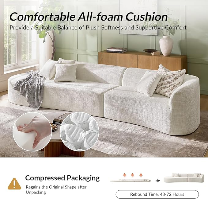 141.75" Oversized Boneless Sectional Sofa with 4 Pillows, Modern Curved Design All-Foam Cushion, No Assembly Required Large Floor Cloud Couch for Living Room, Ivory