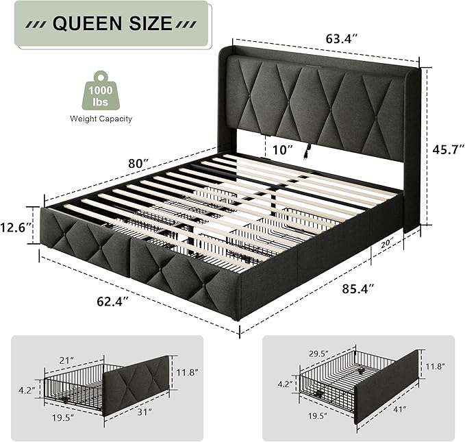 Feonase Queen Bed Frame with 4 Storage Drawers, Upholstered Button Tufted Storage Headboard with Fast Charging Station, Heavy Duty Slats Support, No Box Spring Needed, Noise-Free, Dark Grey