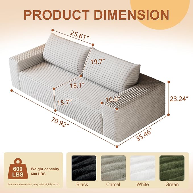 71" Corduroy Loveseat Sofa, 3-Seater Cloud Couch, Boneless Couch in a Box, Comfy Deep Seat Sofa with Memory Foam, Pillows and Wide Armrests, Modern Small Couches for Small Spaces, No Assembly (White)