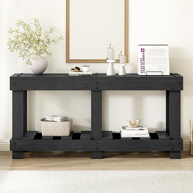 62.9" Vintage Entryway Table - Solid Cedar Wood with Natural Grain, 6 Reinforced Legs & 4.5" Thick Desktop, Metal Rivet Decor & Plank Under-Shelf, Console Table for Hallway, Living Room (Black)