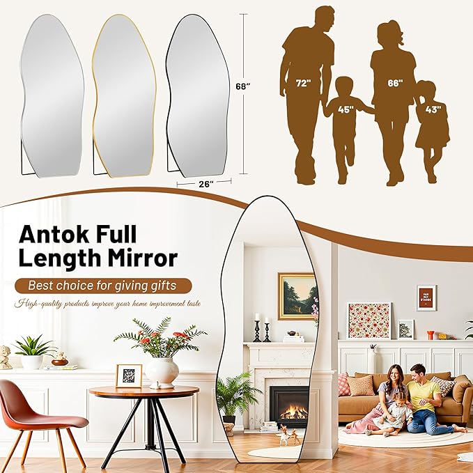 Antok Full Length Mirror, 68"x26" Floor Mirror with Stand, Standing Hanging Leaning Irregular Mirrors for Bedroom Living Room Entryway, Wavy Shaped, Black