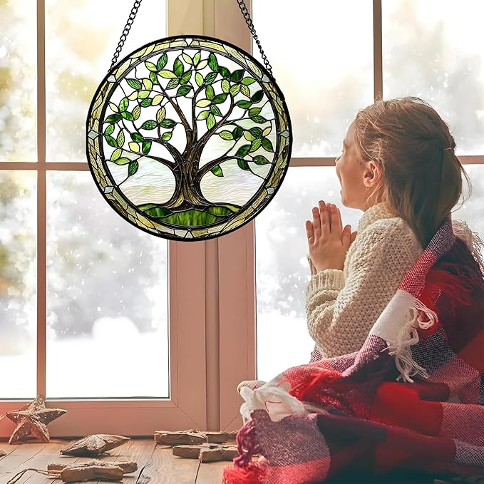 Stained Glass Window Hanging - Brown Tree Trunk Green Leaves Sun Catcher for Door Garden Home Decor Plant Suncatcher Christmas Mother's Day Birthday Gifts for Women Men Mom Nana 15 in