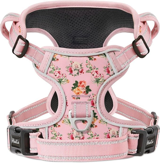 HEELE Dog Harness, No Pull Adjustable Padded Reflective Harness for Small Medium Large Dogs with Handle for Walking Training, Flower-Pink, XL
