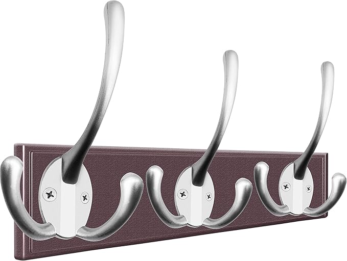 IBosins 6 Pack Big Heavy Duty Three Prongs Coat Hooks Wall Mounted with 24 Screws (Two Types of Screws Included) Retro Double Utility Rustic Hooks for Thick Coat, Big Heavy Bags (Matte Nickel)