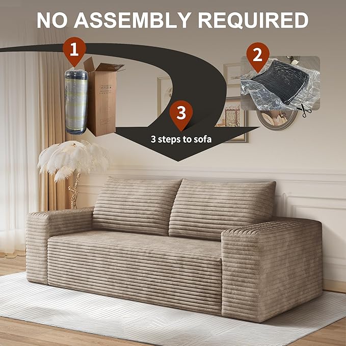 71" Corduroy Loveseat Sofa, 3-Seater Cloud Couch, Boneless Couch in a Box, Comfy Deep Seat Sofa with Memory Foam, Pillows and Wide Armrests, Modern Small Couches for Small Spaces, No Assembly (Camel)