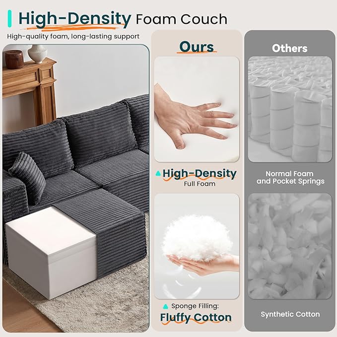 156" U Shaped Cloud Couch Sectional Modular Sofa with Deep Seat, 7 Seater Corduroy Couches, Boneless Couch with Removable Ottoman, Sectional Couches for Living Room, No Assembly Required, Grey