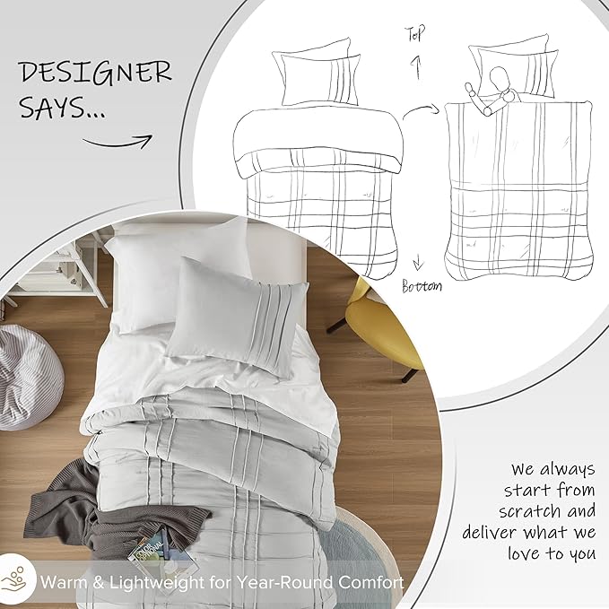 Comfort Spaces Silver Twin Size Comforter Set - 2 Pieces Pintuck Pleated Bedding Sets, All Season Lightweight, Extra Softness Pre-Washed Microfiber Twin Bed Set, Shams, Twin